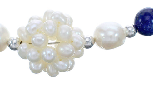 Fresh Water Pearl with Lapis Sterling Silver Bead Necklace KX121310